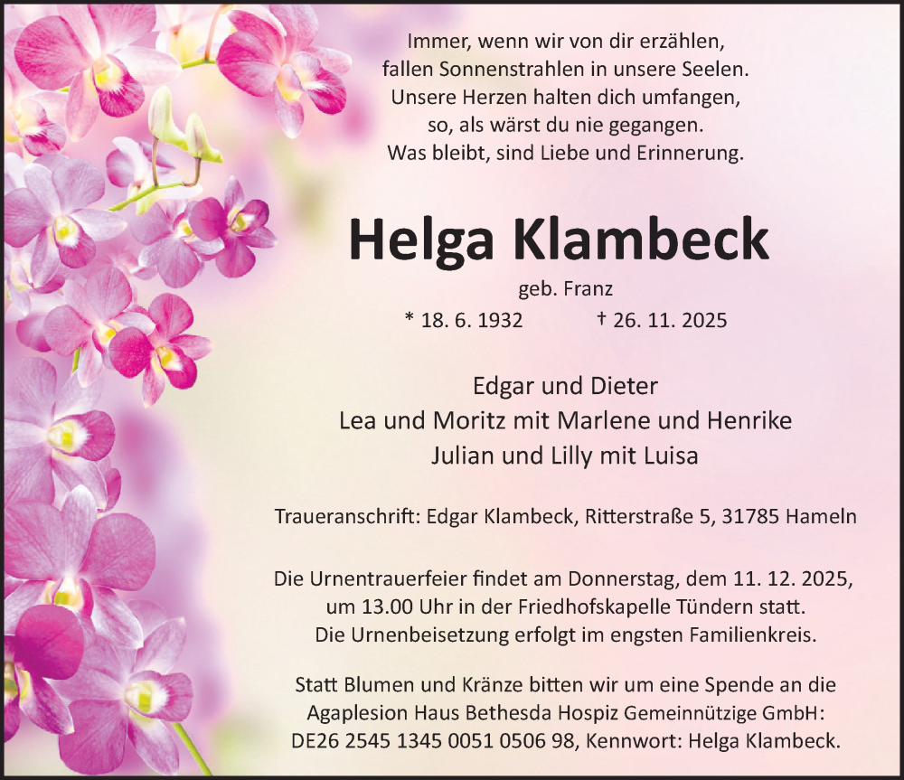  Traueranzeige für Helga Klambeck vom 06.12.2025 aus Deister- und Weserzeitung