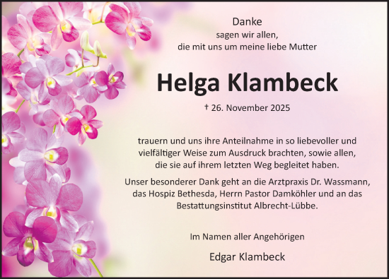 Traueranzeige von Helga Klambeck von Deister- und Weserzeitung