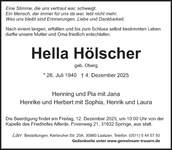 Traueranzeige von Hella Hölscher von Neue Deister-Zeitung