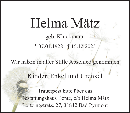 Traueranzeige von Helma Mätz von Deister- und Weserzeitung