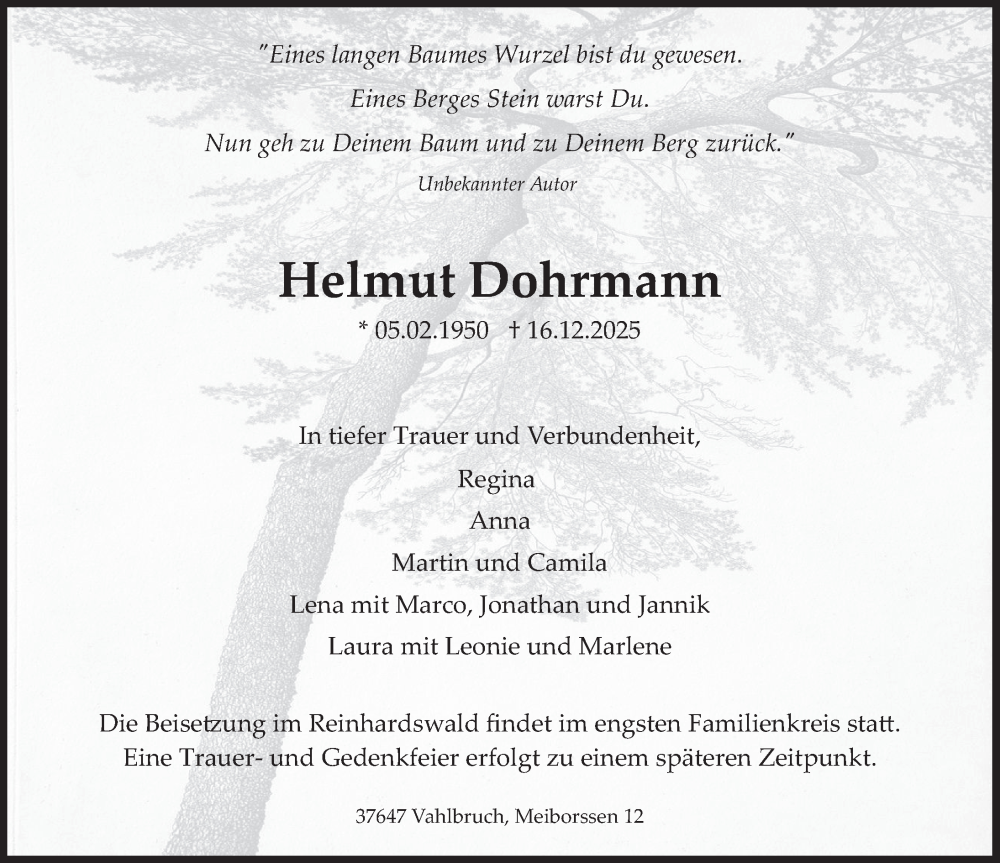 Traueranzeige für Helmut Dohrmann vom 27.12.2025 aus Deister- und Weserzeitung
