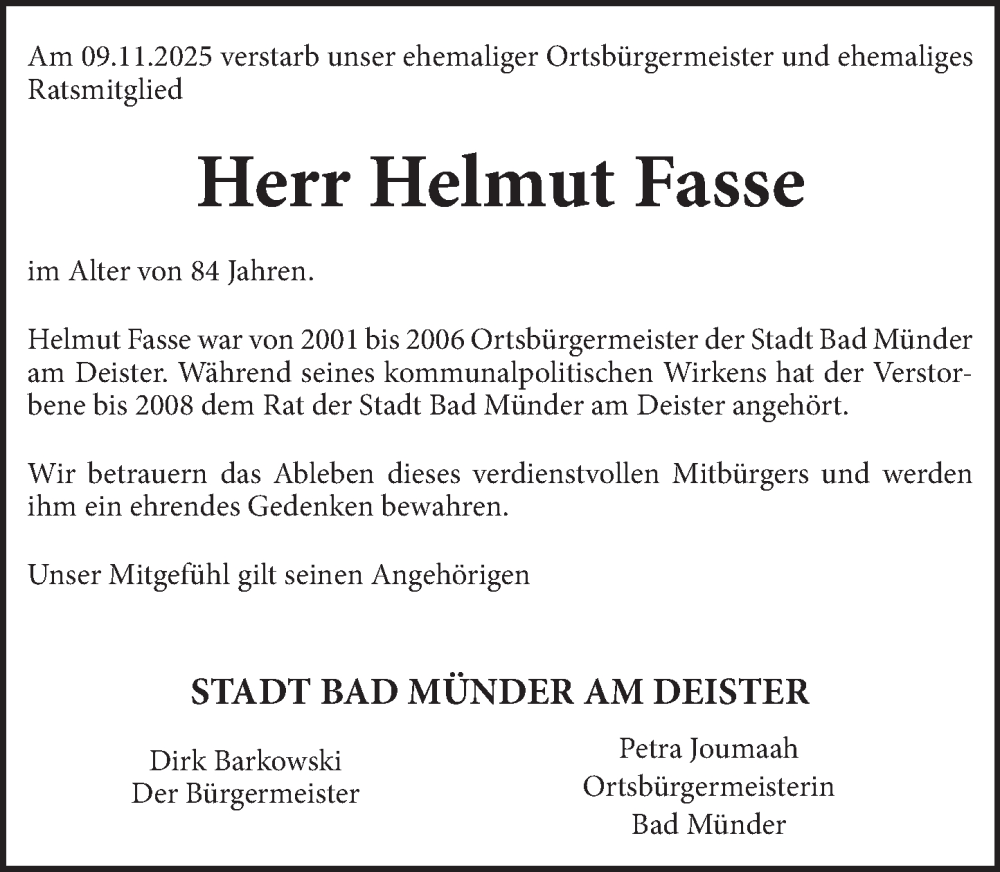  Traueranzeige für Helmut Fasse vom 03.12.2025 aus Neue Deister-Zeitung
