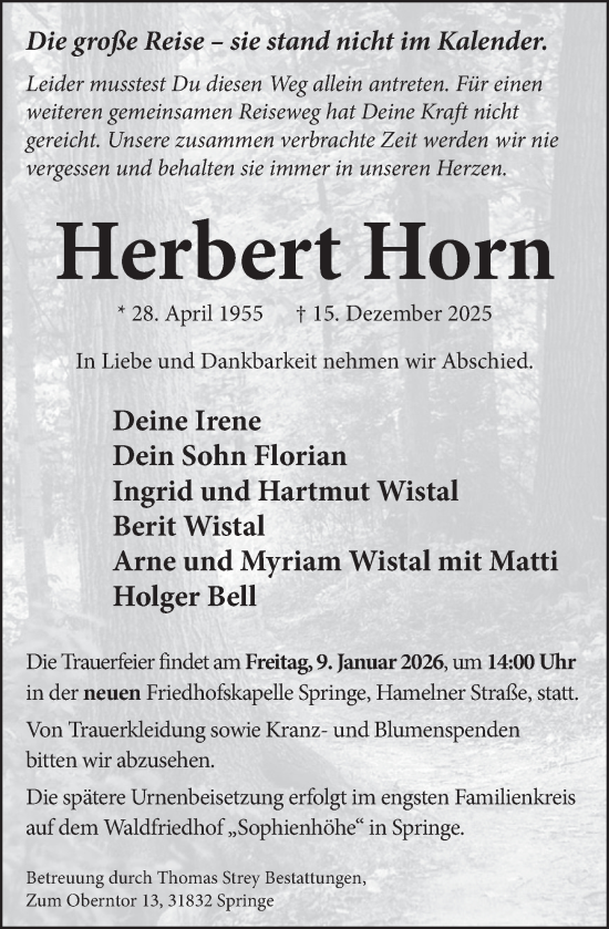 Traueranzeige von Herbert Horn von Neue Deister-Zeitung
