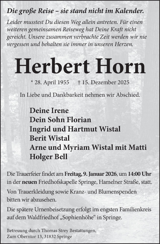  Traueranzeige für Herbert Horn vom 03.01.2026 aus Neue Deister-Zeitung