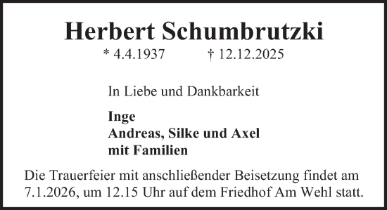 Traueranzeige von Herbert Schumbrutzki von Deister- und Weserzeitung