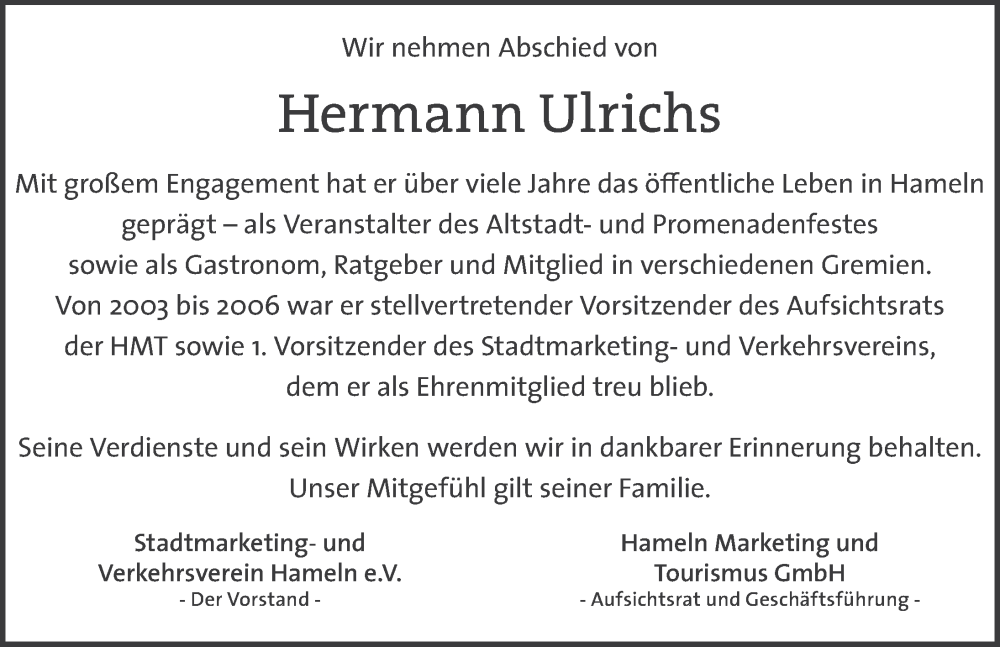  Traueranzeige für Hermann Ulrichs vom 03.12.2025 aus Deister- und Weserzeitung