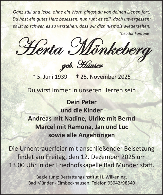 Traueranzeige von Herta Mönkeberg von Neue Deister-Zeitung