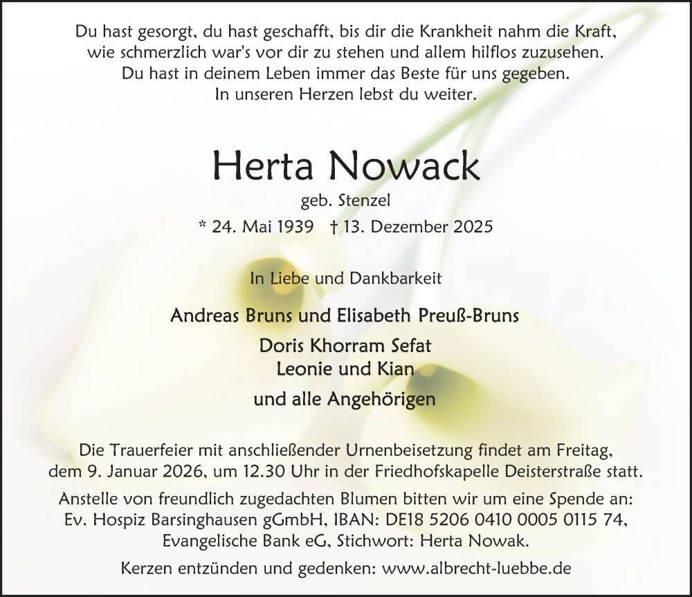 Traueranzeige für Herta Nowack vom 27.12.2025 aus Deister- und Weserzeitung