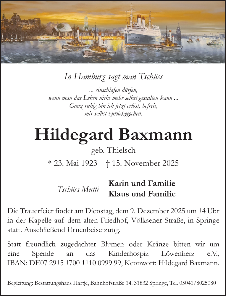  Traueranzeige für Hildegard Baxmann vom 02.12.2025 aus Neue Deister-Zeitung