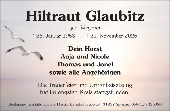 Traueranzeige von Hiltraut Glaubitz von Neue Deister-Zeitung