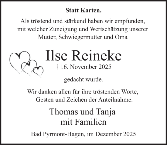Traueranzeige von Ilse Reineke von Deister- und Weserzeitung