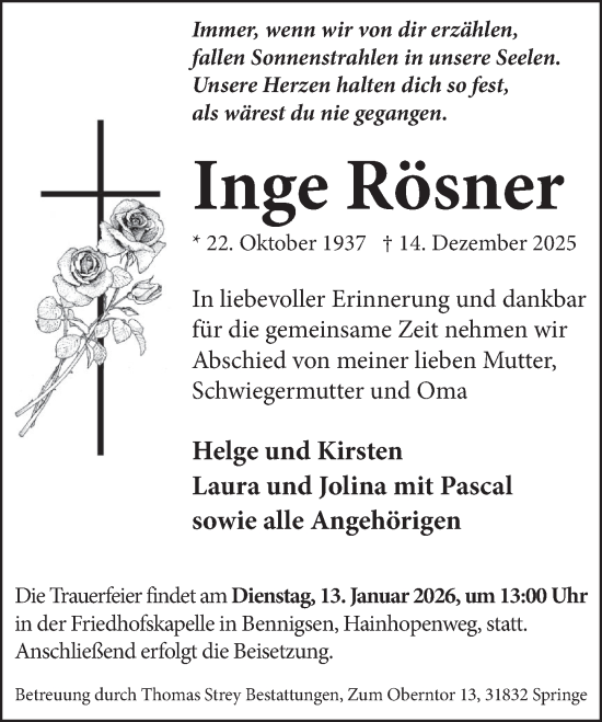 Traueranzeige von Inge Rösner von Neue Deister-Zeitung