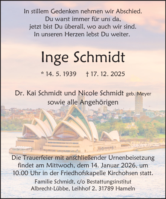 Traueranzeige von Inge Schmidt von Deister- und Weserzeitung