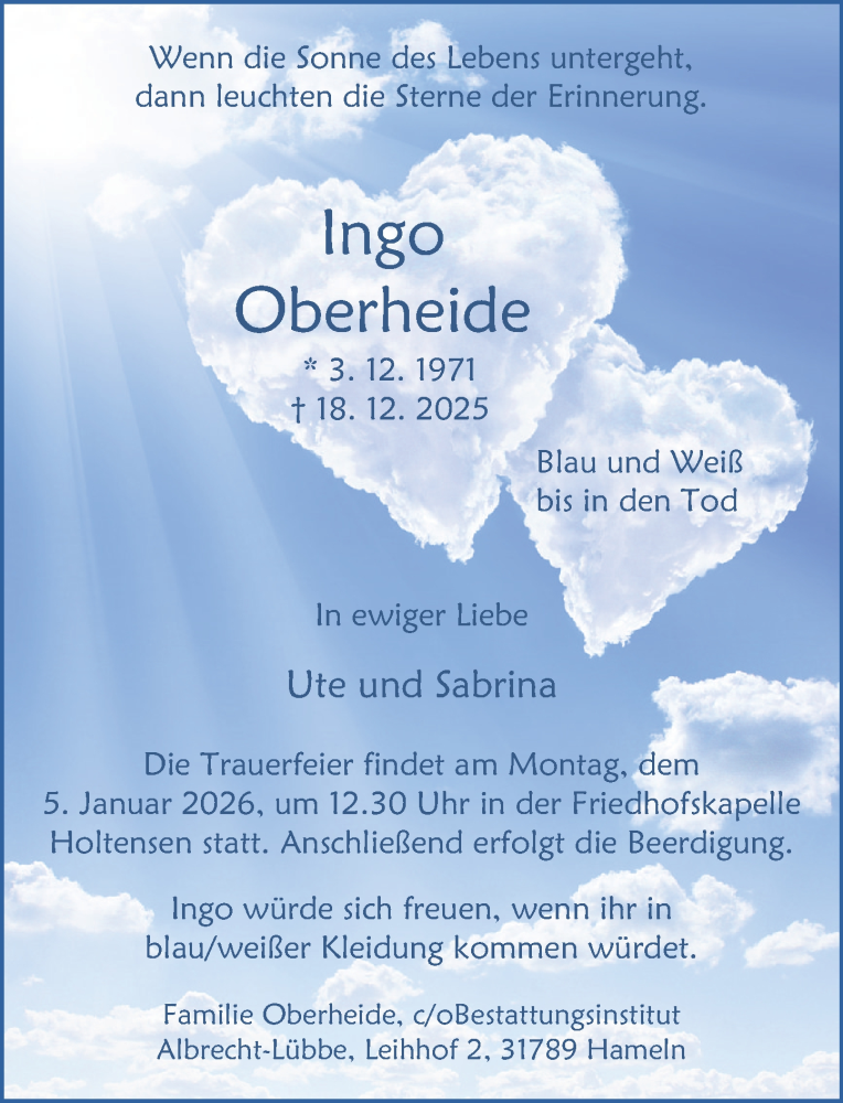  Traueranzeige für Ingo Oberheide vom 27.12.2025 aus Deister- und Weserzeitung