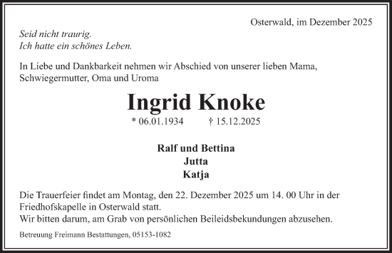 Traueranzeige von Ingrid Knoke von Deister- und Weserzeitung