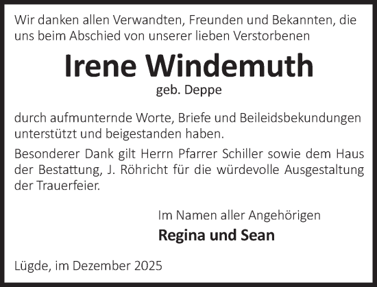 Traueranzeige von Irene Windemuth von Deister- und Weserzeitung