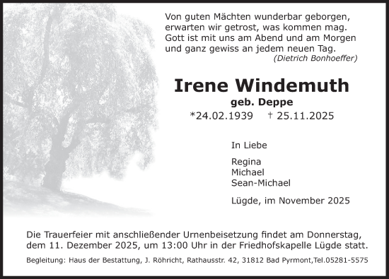 Traueranzeige von Irene Windemuth von Deister- und Weserzeitung