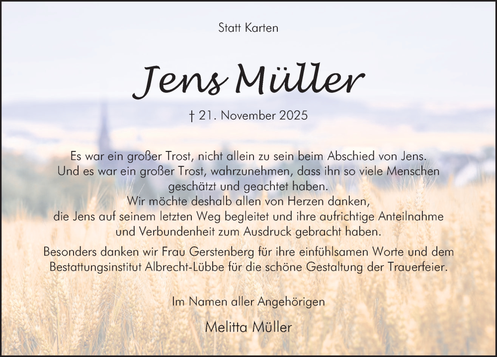  Traueranzeige für Jens Müller vom 03.01.2026 aus Deister- und Weserzeitung
