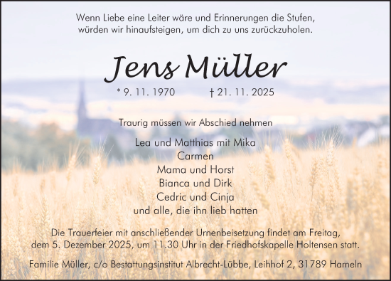 Traueranzeige von Jens Müller von Deister- und Weserzeitung
