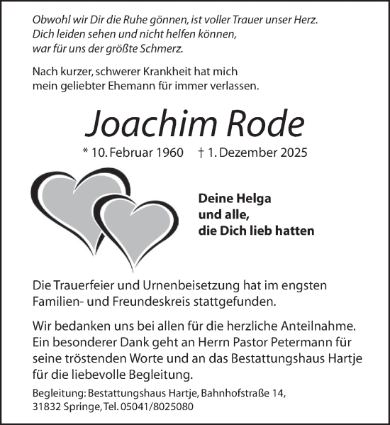 Traueranzeige von Joachim Rode von Neue Deister-Zeitung