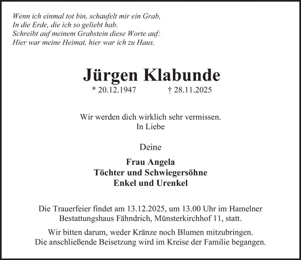  Traueranzeige für Jürgen Klabunde vom 06.12.2025 aus Deister- und Weserzeitung