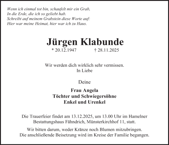 Traueranzeige von Jürgen Klabunde von Deister- und Weserzeitung