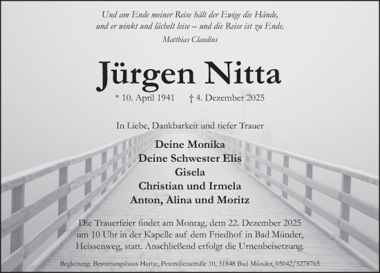 Traueranzeige von Jürgen Nitta von Neue Deister-Zeitung