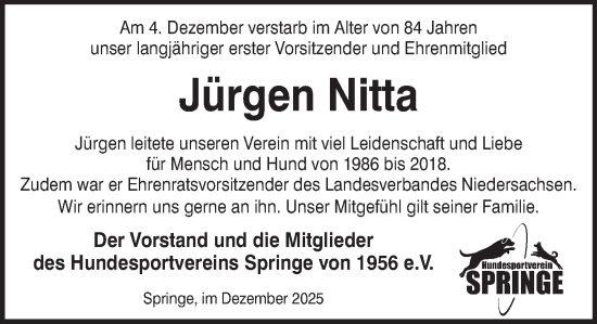 Traueranzeige von Jürgen Nitta von Neue Deister-Zeitung