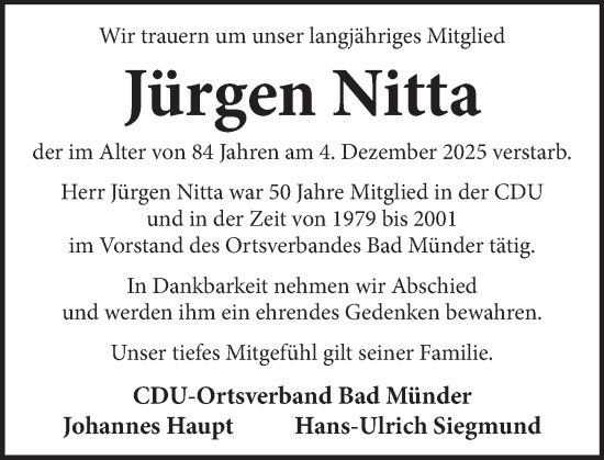 Traueranzeige von Jürgen Nitta von Neue Deister-Zeitung