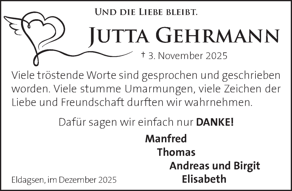  Traueranzeige für Jutta Gehrmann vom 13.12.2025 aus Neue Deister-Zeitung