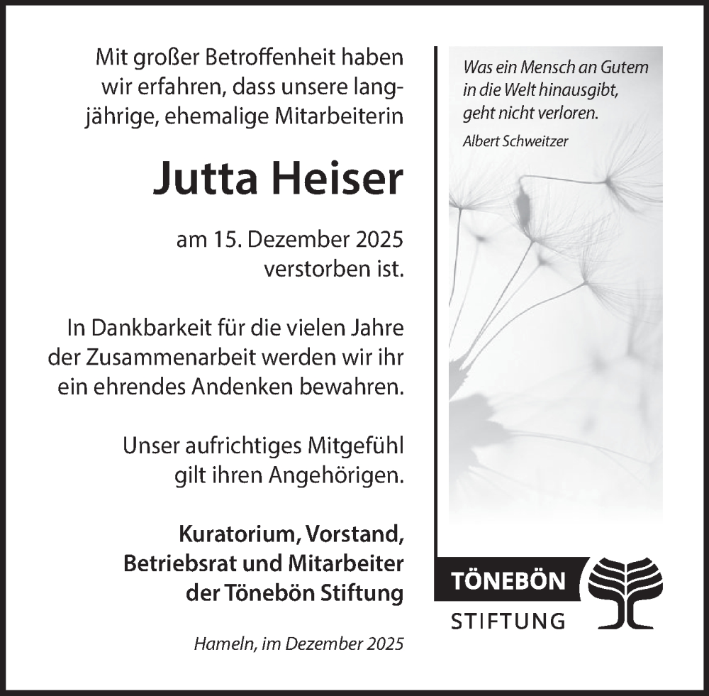 Traueranzeige für Jutta Heiser vom 27.12.2025 aus Deister- und Weserzeitung