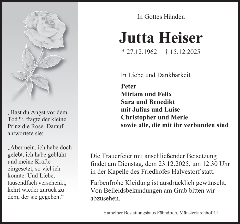  Traueranzeige für Jutta Heiser vom 20.12.2025 aus Deister- und Weserzeitung