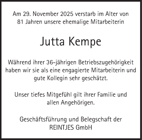 Traueranzeige von Jutta Kempe von Deister- und Weserzeitung