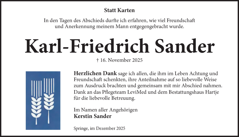  Traueranzeige für Karl-Friedrich Sander vom 13.12.2025 aus Neue Deister-Zeitung