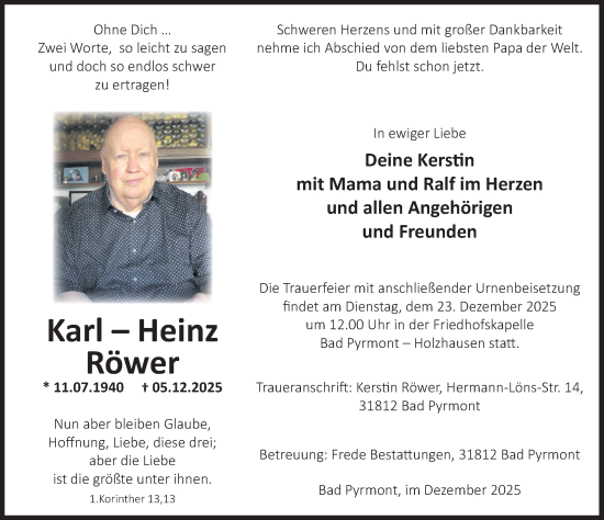 Traueranzeige von Karl-Heinz Röwer von Deister- und Weserzeitung