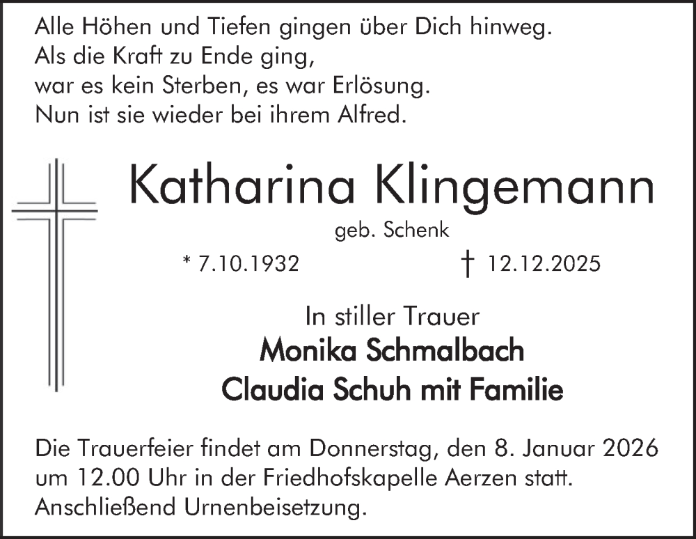  Traueranzeige für Katharina Klingemann vom 03.01.2026 aus Deister- und Weserzeitung