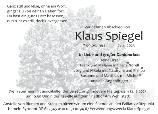 Traueranzeige von Klaus Spiegel von Deister- und Weserzeitung