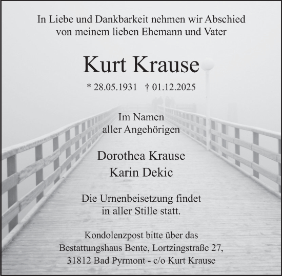Traueranzeige von Kurt Krause von Deister- und Weserzeitung