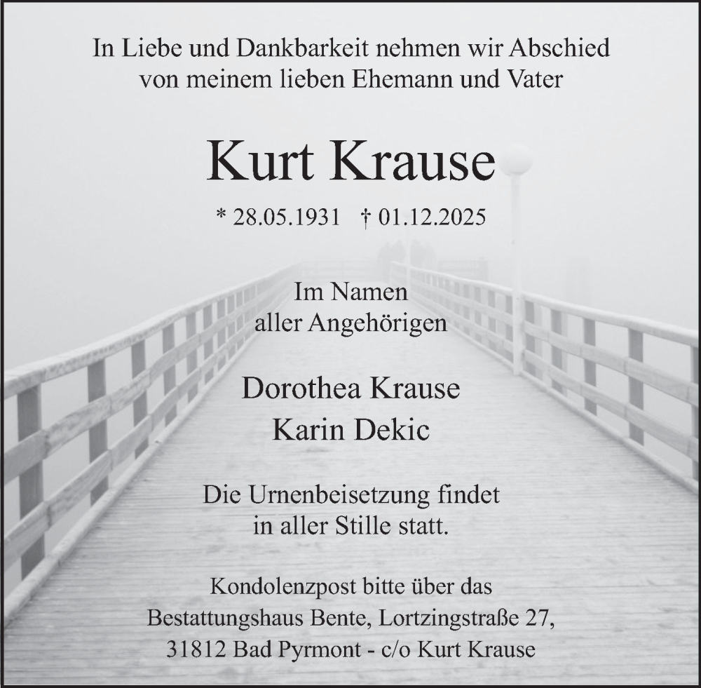  Traueranzeige für Kurt Krause vom 06.12.2025 aus Deister- und Weserzeitung
