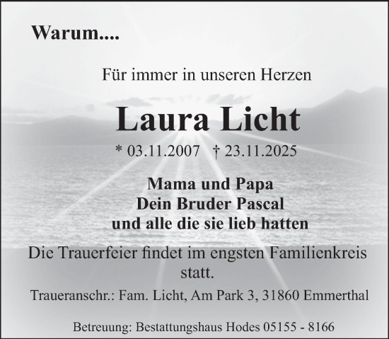 Traueranzeige von Laura Licht von Deister- und Weserzeitung