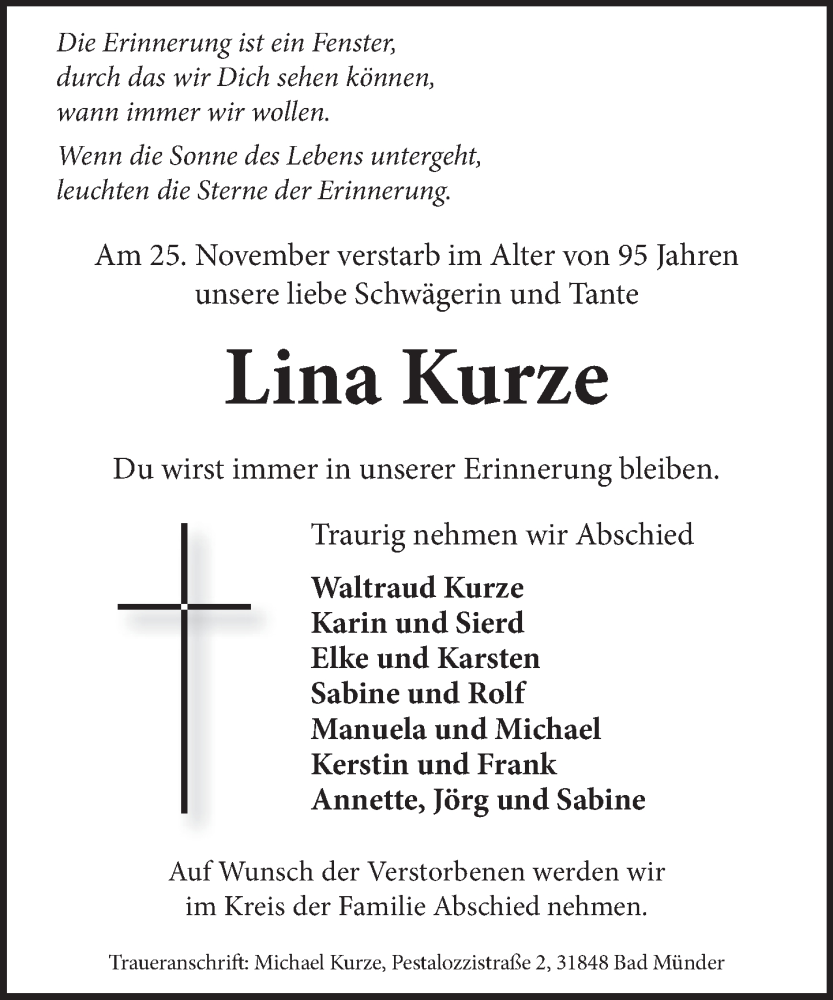  Traueranzeige für Lina Kurze vom 06.12.2025 aus Neue Deister-Zeitung