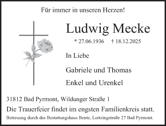 Traueranzeige von Ludwig Mecke von Deister- und Weserzeitung