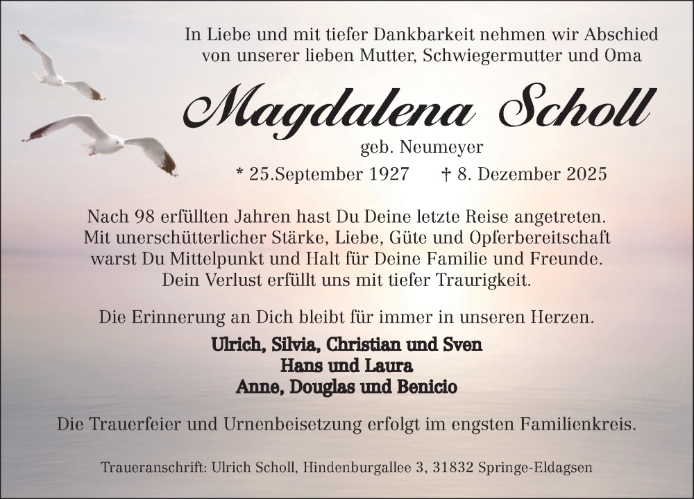  Traueranzeige für Magdalena Scholl vom 03.01.2026 aus Neue Deister-Zeitung