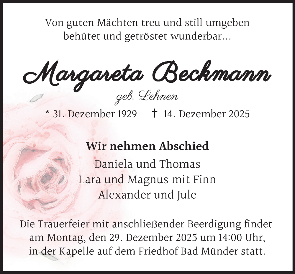  Traueranzeige für Margareta Beckmann vom 20.12.2025 aus Neue Deister-Zeitung