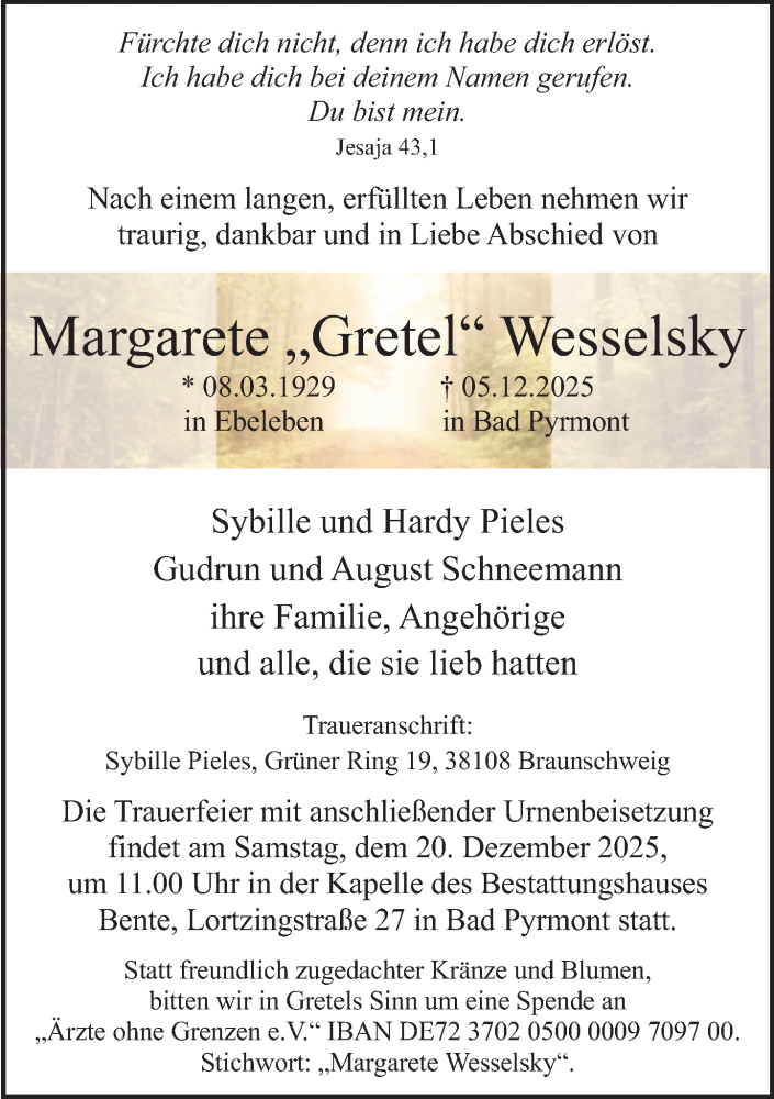  Traueranzeige für Margarete Wesselsky vom 13.12.2025 aus Deister- und Weserzeitung