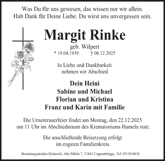 Traueranzeige von Margit Rinke von Deister- und Weserzeitung