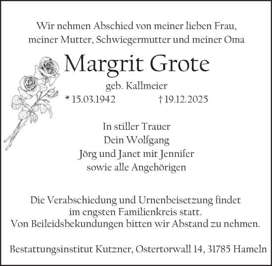 Traueranzeige von Margrit Grote von Deister- und Weserzeitung