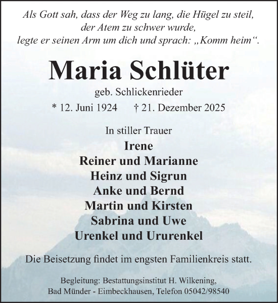 Traueranzeige von Maria Schlüter von Neue Deister-Zeitung