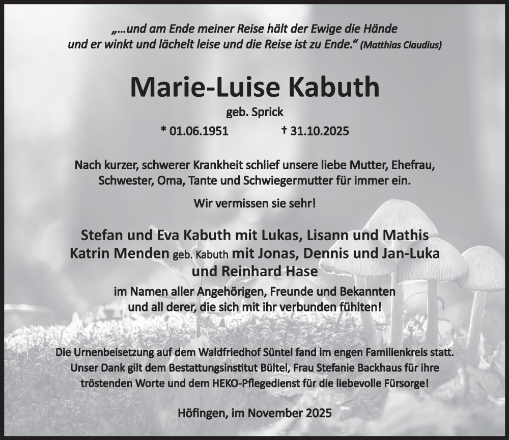  Traueranzeige für Marie-Luise Kabuth vom 06.12.2025 aus Deister- und Weserzeitung