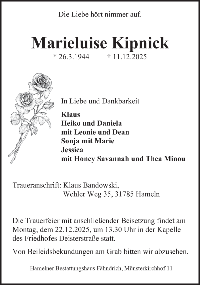  Traueranzeige für Marieluise Kipnick vom 16.12.2025 aus Deister- und Weserzeitung